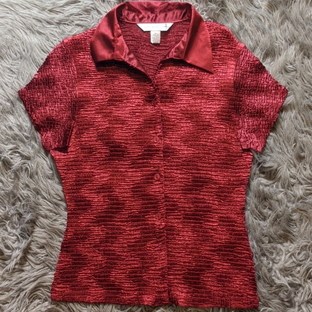 Silky Textured Deep Red Short Sleeve Button Down